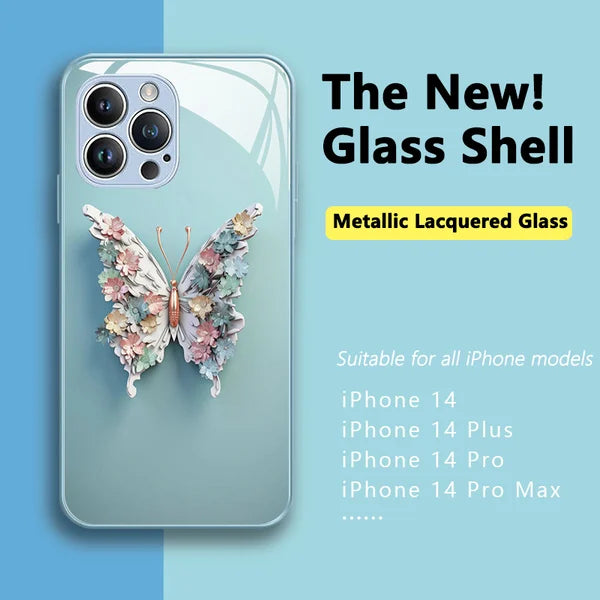 Ploché skleněné pouzdro s 3D vzorem motýla, kompatibilní s iPhone
