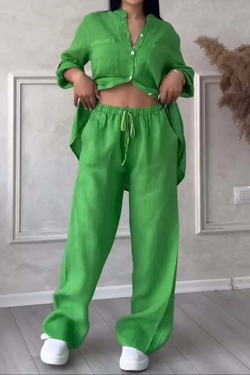 🌸Dámský dvoudílný oblek z bavlny a lnu. Košile a kalhoty se zapínáním na knoflíky.