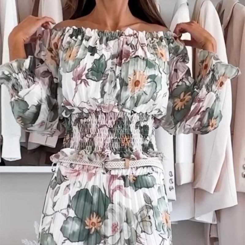🌸Květinový top s otevřenými rameny a dvoudílný set s maxi sukní