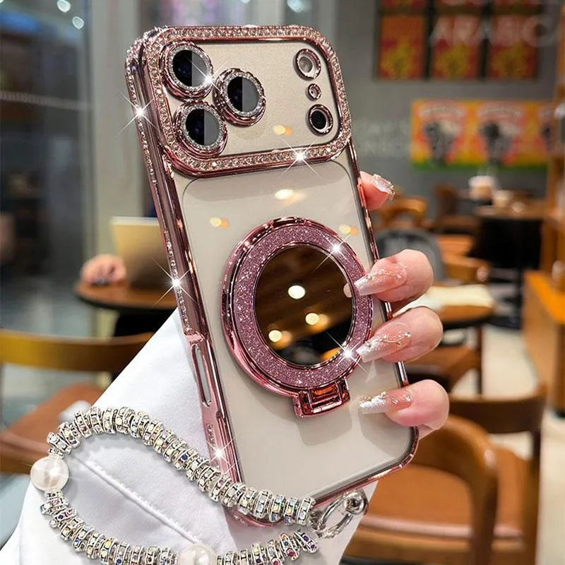 ✨💎Třpytivý diamantový dámský kryt na telefon se zrcátkem a stojánkem pro iPhone 12/13/14/15/16/17 Pro Max, 17Air, 14/15/16 Plus💖
