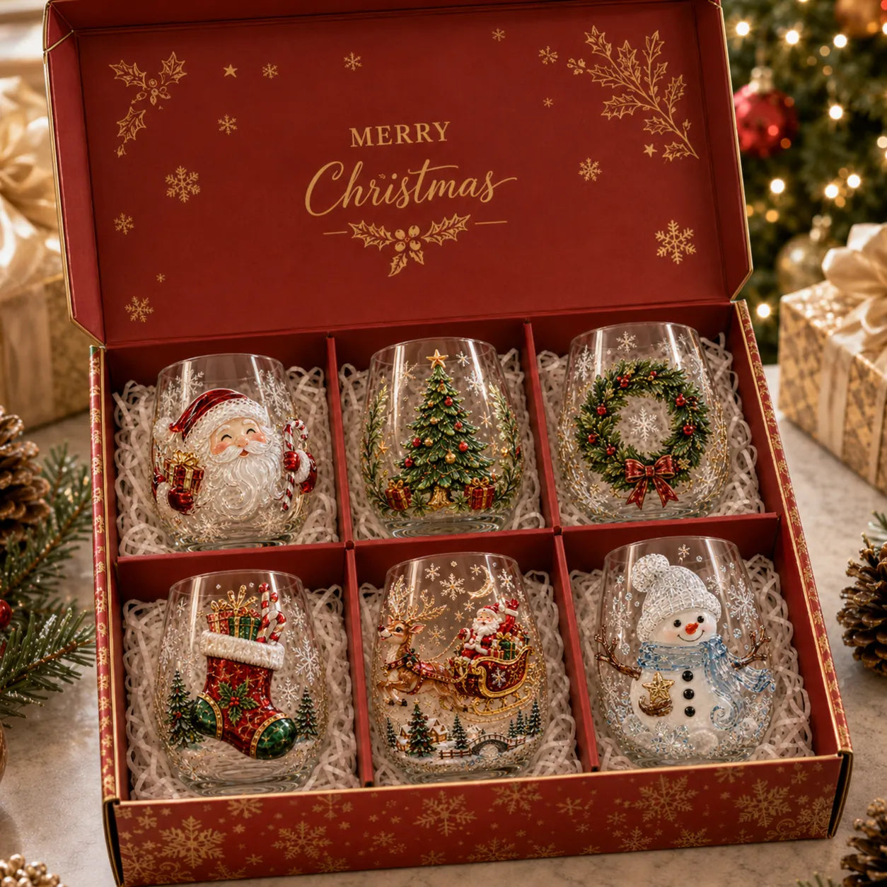 Kouzelná vánoční kolekce 3D skleněných kelímků – Santa Claus, sob, sněhulák a vánoční stromeček