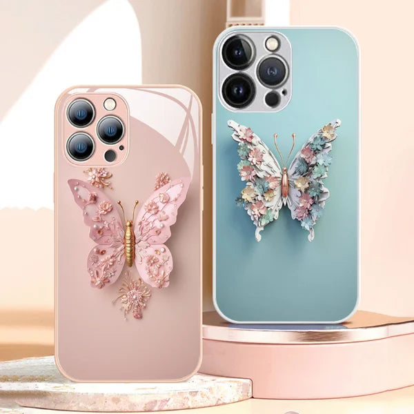 Ploché skleněné pouzdro s 3D vzorem motýla, kompatibilní s iPhone
