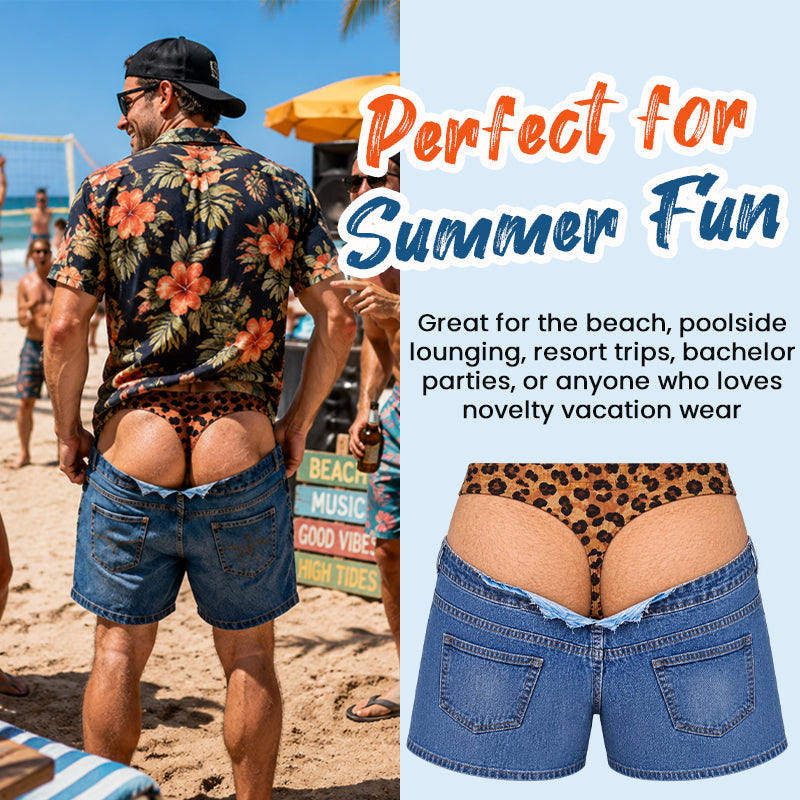 Vtipné plavecké kraťasy s leopardím potiskem z falešného denimu | Plážové kalhotky Novelty Illusion