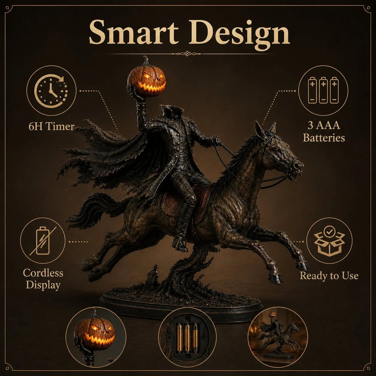 LED figurka Půlnoční honička Bezhlavý jezdec – Halloweenská dekorace