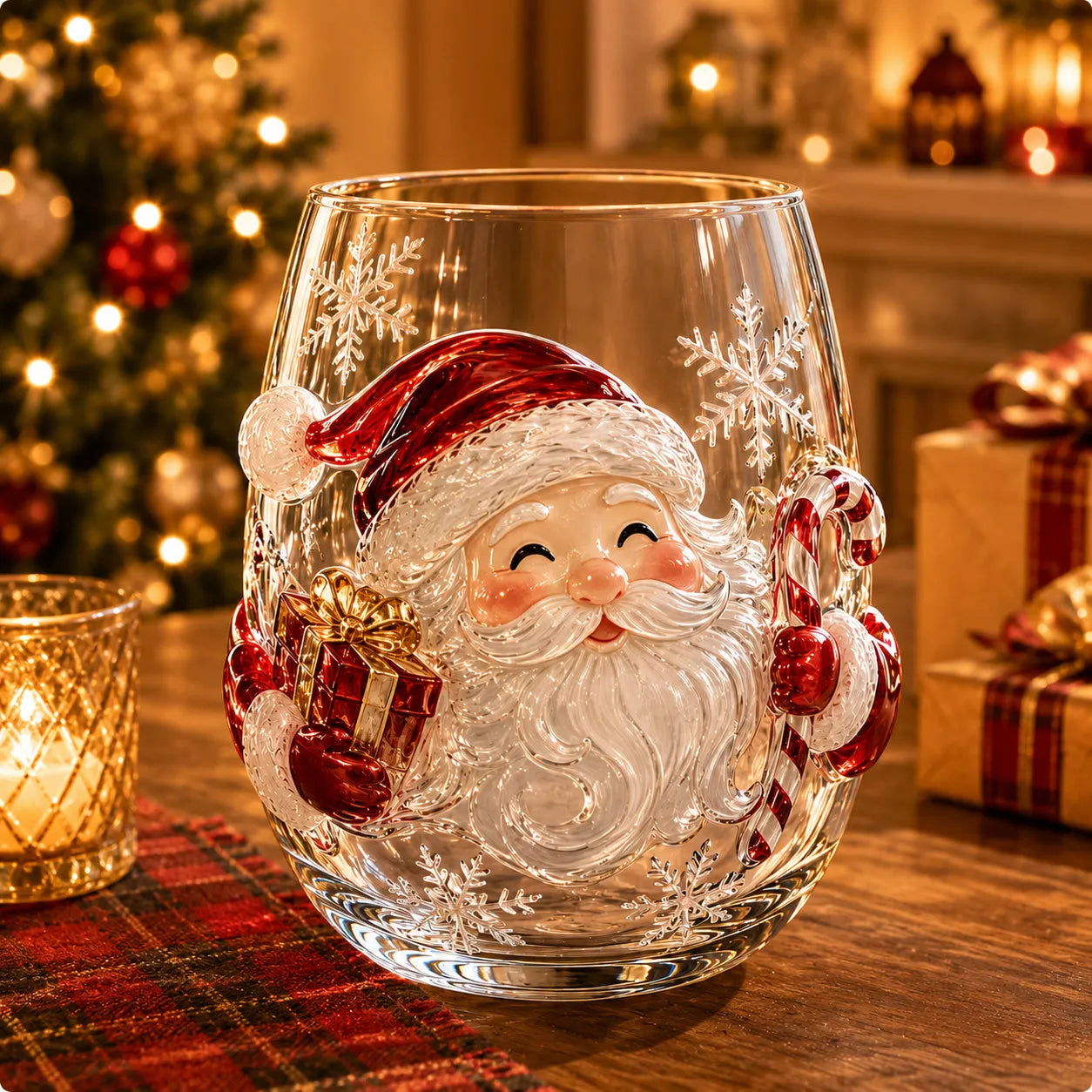 Kouzelná vánoční kolekce 3D skleněných kelímků – Santa Claus, sob, sněhulák a vánoční stromeček
