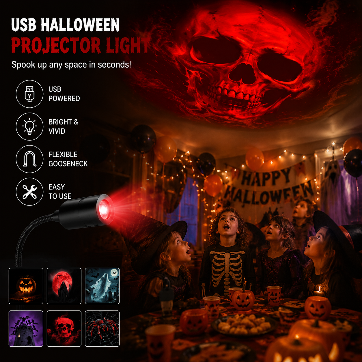 Plug-&-Play HD hvězdný projektor: Halloweenská sada 6 disků