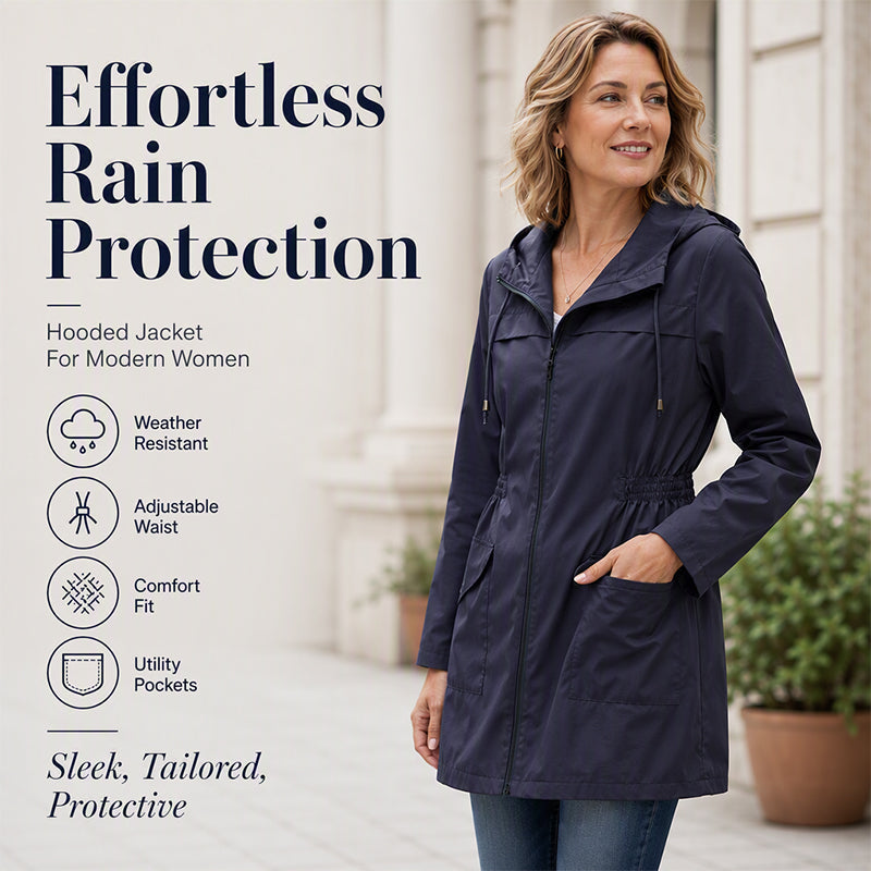 🌧️✨ Dámská nepromokavá větrovka s kapucí - nastavitelný pas, praktické kapsy a stylové oblečení do deště