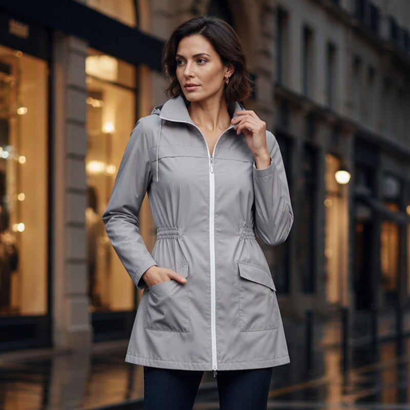 🌧️✨ Dámská nepromokavá větrovka s kapucí - nastavitelný pas, praktické kapsy a stylové oblečení do deště
