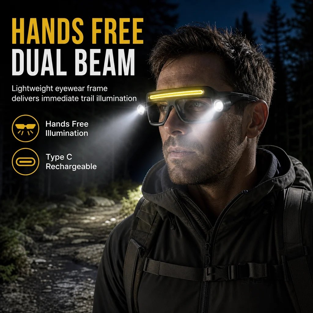 Brýle s dvojitým LED paprskem, hands-free, dobíjecí COB typ C, pracovní brýle pro mechaniky, kempování a opravy