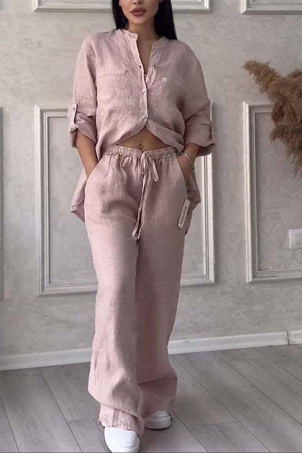 🌸Dámský dvoudílný oblek z bavlny a lnu. Košile a kalhoty se zapínáním na knoflíky.