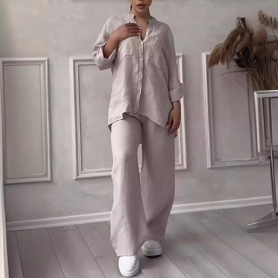 🌸Dámský dvoudílný oblek z bavlny a lnu. Košile a kalhoty se zapínáním na knoflíky.