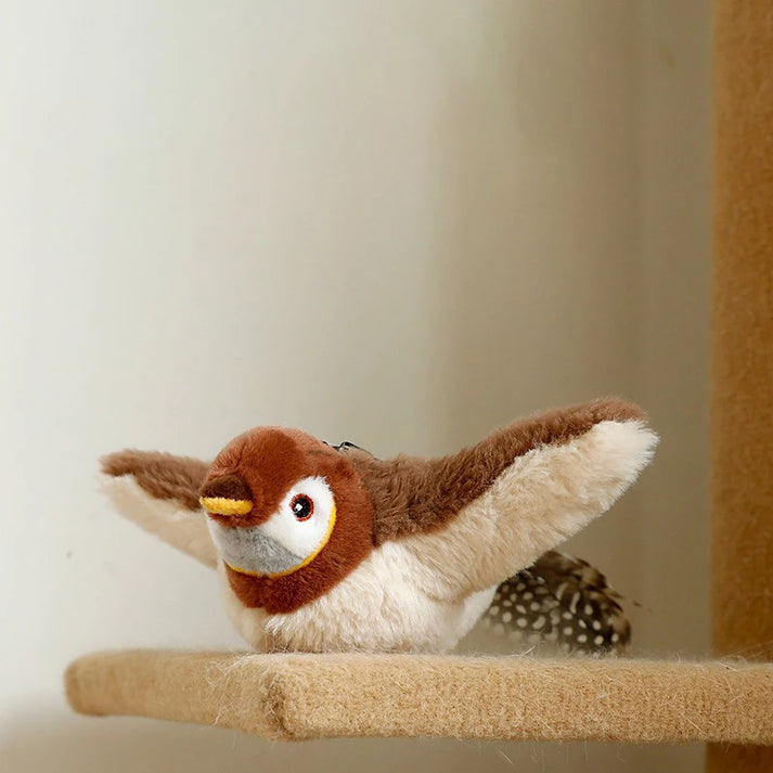 😻 Realistická vrabčí hračka pro kočky – Dobíjecí cvrlikající a mávající ptáček 🐦