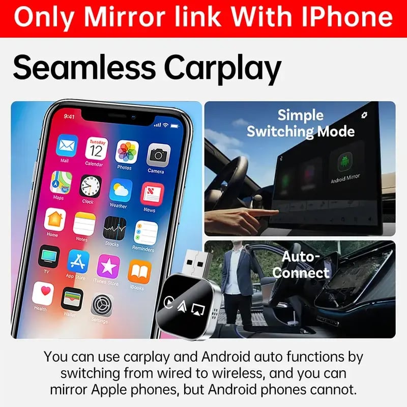 📶 2026 Upgrade 3 v 1 Zrcadlo pro iOS telefon, kabelový/bezdrátový Carplay adaptér