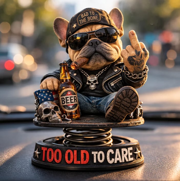 Mrzutá kývavá hlava „Too Old to Care“ – zábavná pružinová dekorace na palubní desku auta