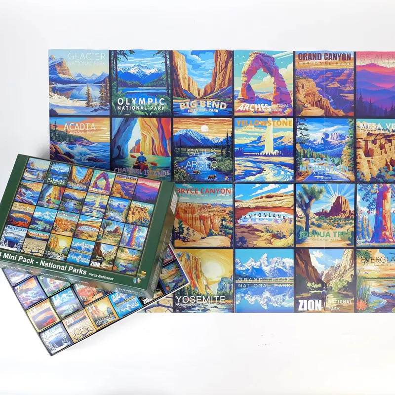 Cestovní série Rokt&razo, 24 mini puzzle po 1000 dílcích, 8 samolepek, 3 témata: národní parky, světové dědictví, prohlídka města po celém světě