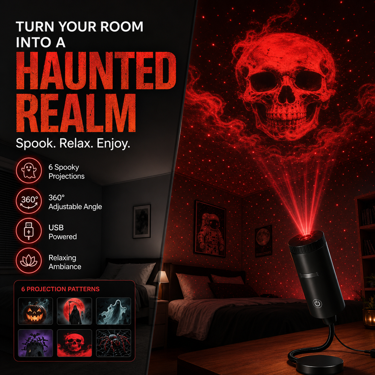 Plug-&-Play HD hvězdný projektor: Halloweenská sada 6 disků