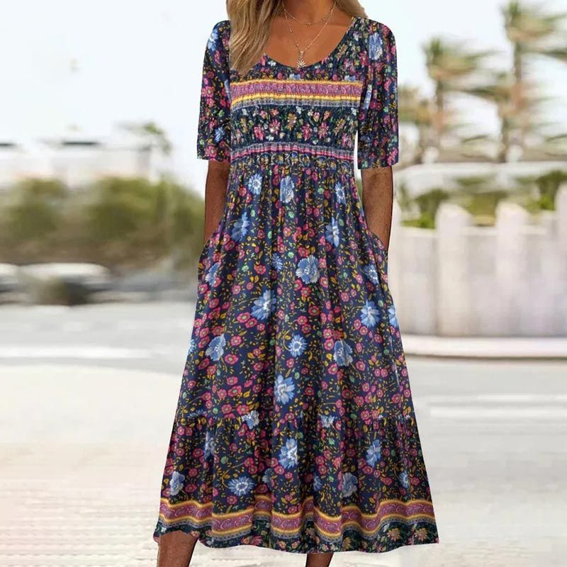 🌸 Elegantní dámské šaty s boho potiskem