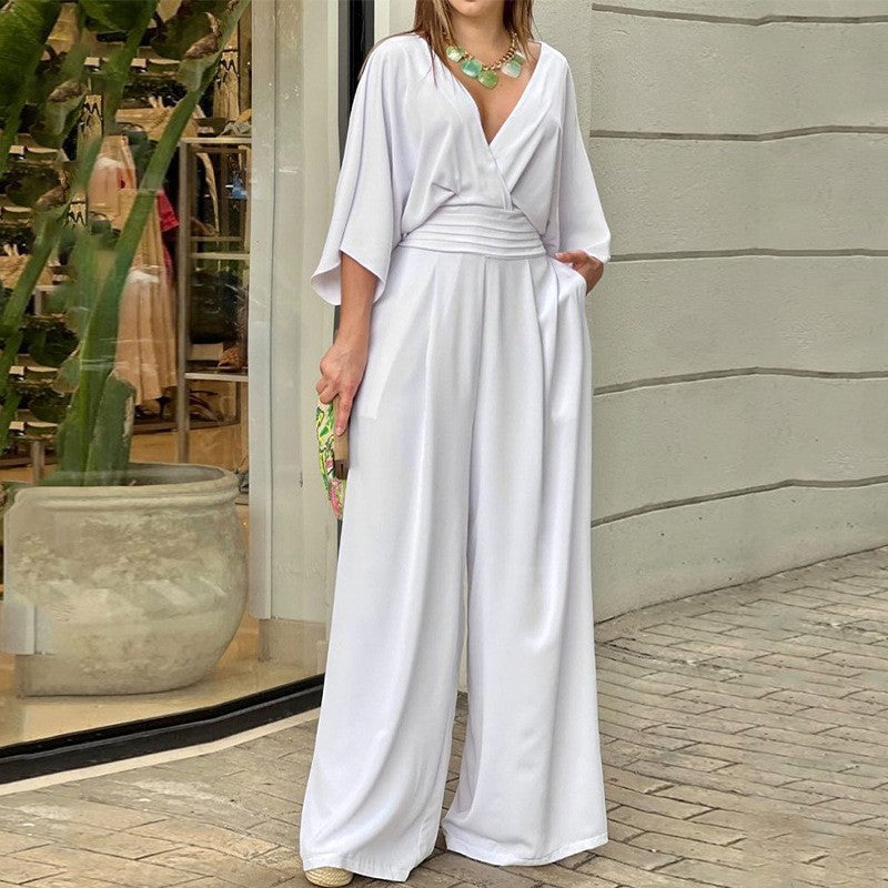 💖Elegantní dámský overal se širokými nohavicemi a výstřihem do V