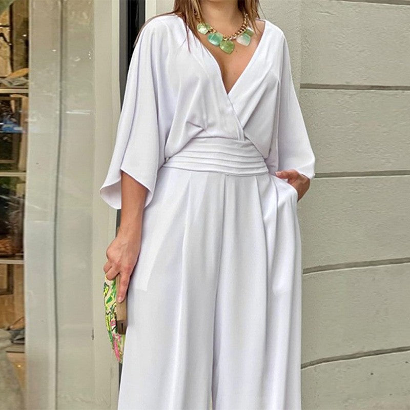 💖Elegantní dámský overal se širokými nohavicemi a výstřihem do V