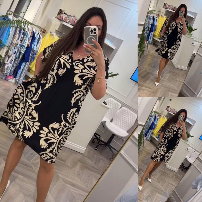👗Dámské ležérní šaty s výstřihem do V s potiskem a kapsami