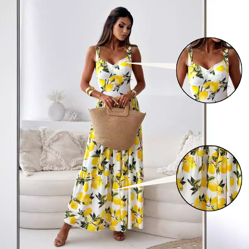 🍋Dámský elegantní citronový potisk Špagetové ramínko Splývavé dlouhé šaty
