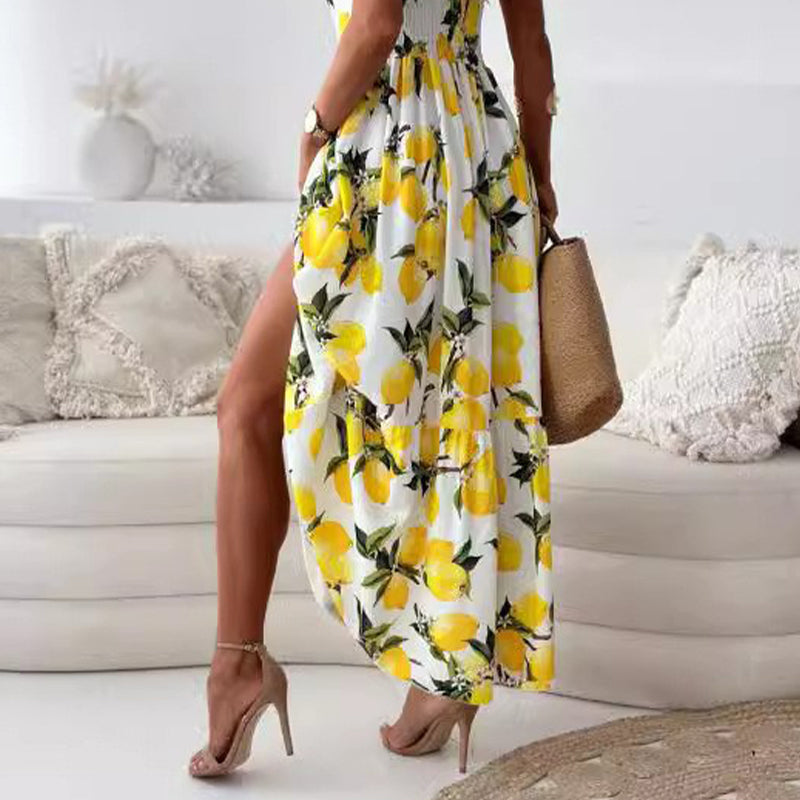 🍋Dámský elegantní citronový potisk Špagetové ramínko Splývavé dlouhé šaty
