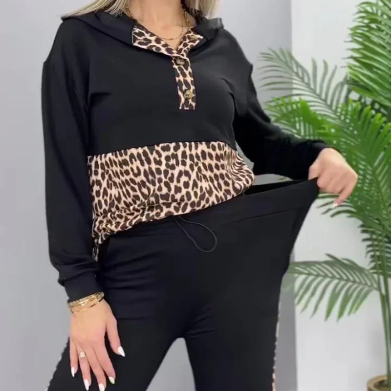 Sada dvoudílných mikin s leopardím vzorem pro volný čas patchwork