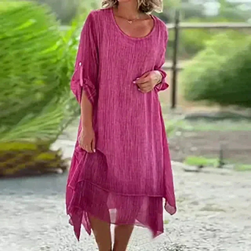 💕Dámské elegantní jednobarevné šaty volného střihu s kulatým výstřihem