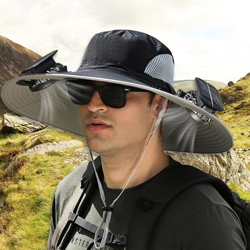 Pánský rybářský klobouk se 2 odnímatelnými solárními ventilátory
