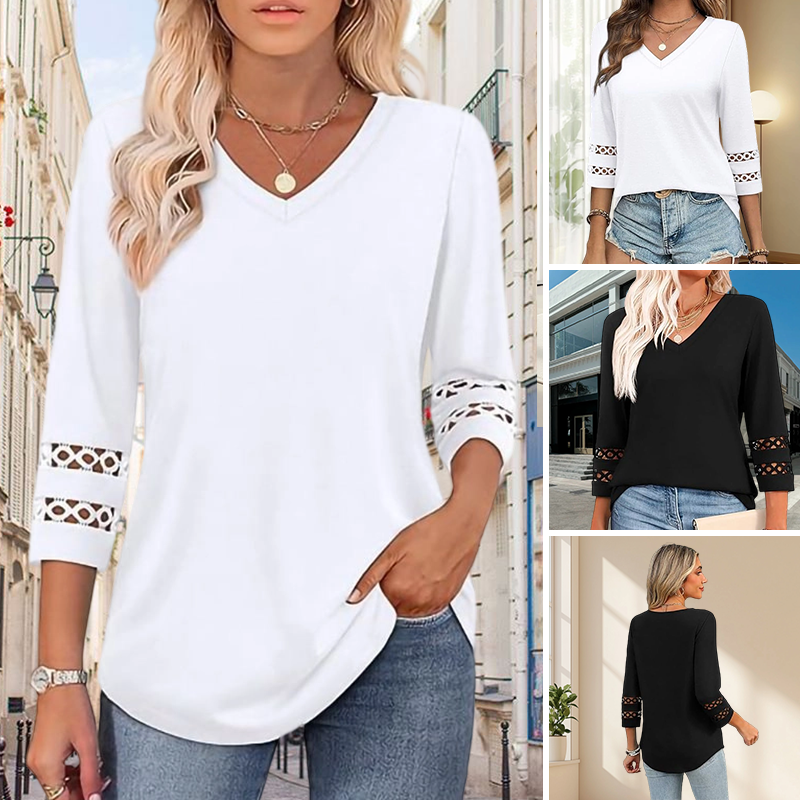 🌺[S-3XL]👚✨ Klasický jednobarevný top s výstřihem do V a 3/4 rukávy