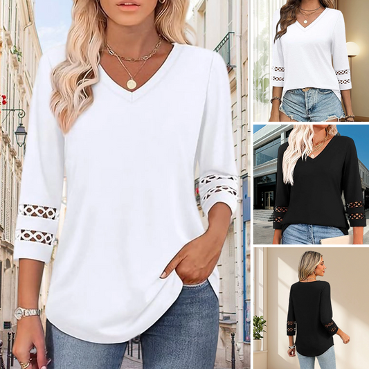🌺[S-3XL]👚✨ Klasický jednobarevný top s výstřihem do V a 3/4 rukávy