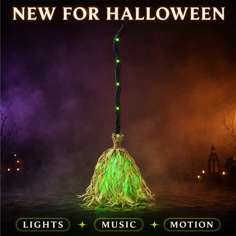 Animovaná halloweenská dekorace – čarodějnické koště se světlem a zvukem