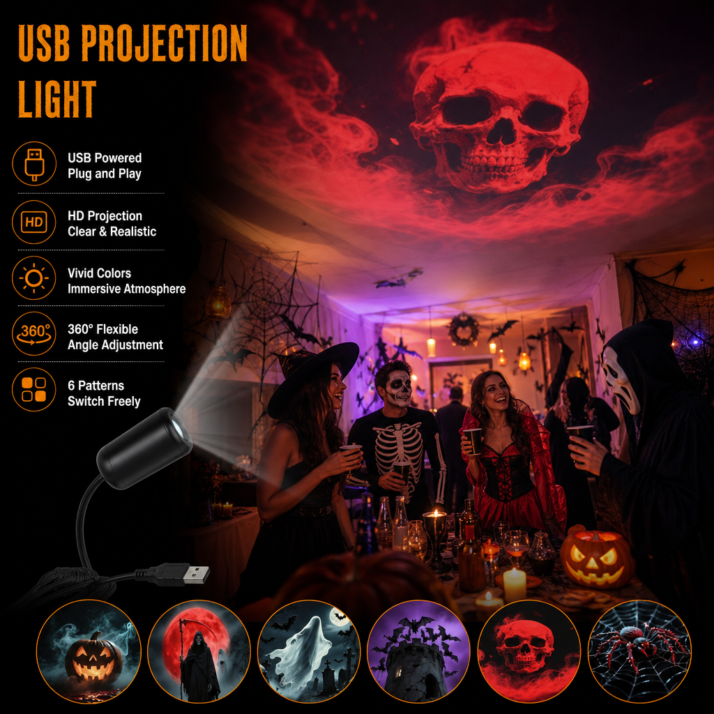 Plug-&-Play HD hvězdný projektor: Halloweenská sada 6 disků